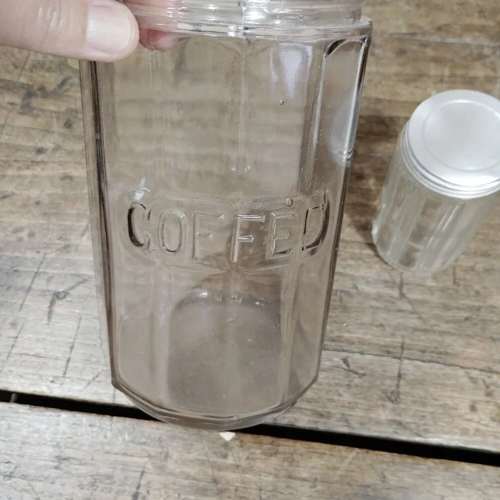 Vintage Hoosier Cabinet Clear Glass Panel Design COFFEE Embossed Jar Spice Lid